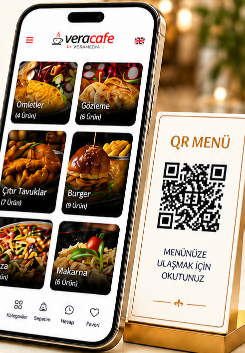 QR menü standı ve telefon mockupı